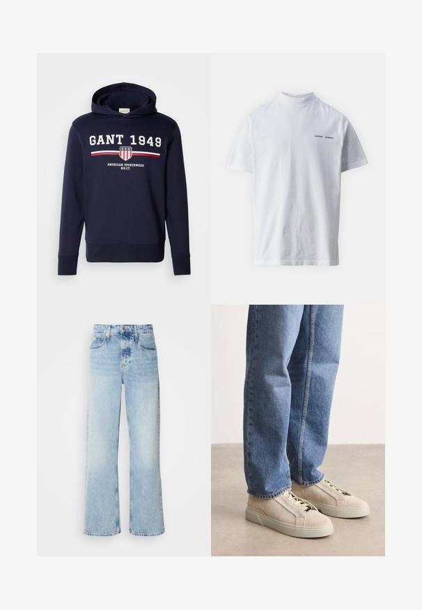 Marineblå hættetrøje med et frontgrafik, der har "GANT 1949" og et skjoldlogo. Den er lavet af blødt materiale, har lange ærmer og en hætte med snore.; Hvid bomulds t-shirt med høj halsudskæring og korte ærmer. Har "SAMSØE SAMSØE" logo i sort på forsiden. Glat tekstur.; Lysblå vide jeans med høj talje, der har en falmet finish, bæltestropper og klassisk fem-lomme design. Kantene er rå.; BOSS GARYTENN_SDHDEL - Sneakers - natural ten