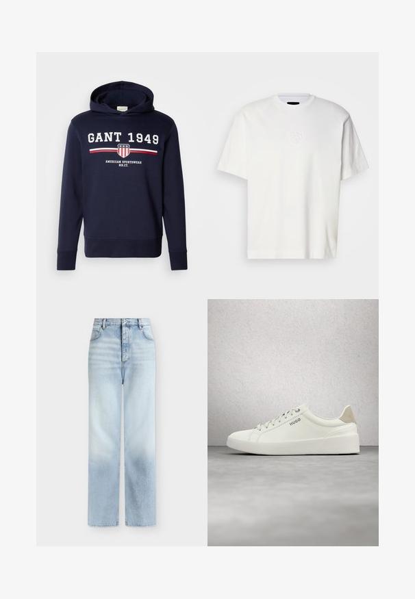 Sudadera azul marino con un gráfico frontal que presenta "GANT 1949" y un logo de escudo. Confeccionada en material suave, tiene mangas largas y capucha ajustable con cordón.; Camiseta de algodón blanca con cuello redondo, mangas cortas y logo circular en relieve en el lado izquierdo del pecho. Textura suave y corte regular.; Vaqueros azul claro de talle alto y pierna recta con bolsillos delanteros, trabillas para cinturón y cierre de botón.; Zapatilla blanca de corte bajo con cordones y lengüeta trasera beige, con la marca "HUGO", flotando sobre un suelo de hormigón pulido cerca de una pared de bloques de vidrio.