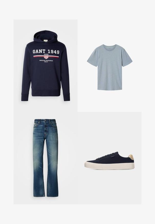 Navy blauwe hoodie met een grafisch ontwerp op de voorkant met "GANT 1949" en een schildlogo. Gemaakt van zachte materialen, heeft het lange mouwen en een capuchon met trekkoord.; Lichtgrijs T-shirt met korte mouwen en ronde hals, voorzien van een klein geborduurd logo op de linkerborst, eenvoudig ontwerp en comfortabele pasvorm.; Blauwe denim jeans met een rechte pasvorm, medium wassing, vervaagde details, vijf zakken en een knoopsluiting. Duidelijke stiknaad langs de naden.; Lage donkerblauwe sneaker met beige hielzakje, witte dikke zool en vetersluiting, gezien vanaf de linkerkant op een lichtgrijze achtergrond.