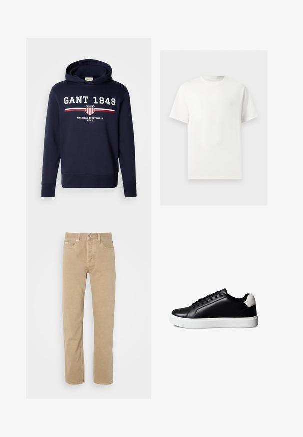 Marineblaue Kapuzenjacke mit einem Frontgrafik, die "GANT 1949" und ein Schild-Logo zeigt. Hergestellt aus weichem Material, hat sie lange Ärmel und eine Kordelzugkapuze.; Ein einfaches weißes T-Shirt mit kurzen Ärmeln und Rundhalsausschnitt, dargestellt auf einem hellgrauen Hintergrund.; Beige Baumwollhose mit geradem Bein, ausgestattet mit Fronttaschen, einem Knopfverschluss und dezenten Nähten entlang der Säume.; Schwarzer Leder-Sneaker mit niedrigem Schaft, schwarzen Schnürsenkeln, weißer Gummisohle und weißem Wildleder-Akzent an der Ferse, im Seitenprofil auf weißem Hintergrund dargestellt.