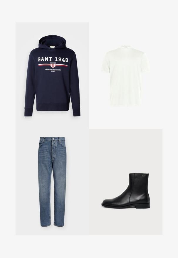 Sudadera azul marino con un gráfico frontal que presenta "GANT 1949" y un logo de escudo. Confeccionada en material suave, tiene mangas largas y capucha ajustable con cordón.; Camiseta blanca de cuello redondo hecha de tela suave. Mangas cortas, sin estampados. Diseño simple con dobladillo recto y detalles mínimos.; Vaqueros de mezclilla azul de corte recto con cintura alta, cierre frontal de botones y diseño de cinco bolsillos sobre un fondo claro y liso.; Botín negro de cuero con tacón bajo, costura lateral y pequeño logo "HUGO" en el puño superior sobre un fondo liso.