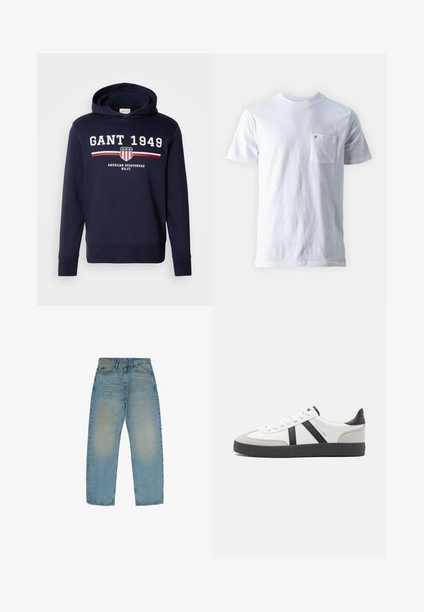 Marineblaue Kapuzenjacke mit einem Frontgrafik, die "GANT 1949" und ein Schild-Logo zeigt. Hergestellt aus weichem Material, hat sie lange Ärmel und eine Kordelzugkapuze.; Weißes Baumwoll-T-Shirt mit Rundhalsausschnitt, kurzen Ärmeln und einer linken Brusttasche, mit einem kleinen Logo auf der Tasche. Glatte Textur.; Hellblaue gerade geschnittene Jeans aus Denim, mit einer ausgewaschenen Struktur und mittlerem Waschgang, fünf Taschen und einem Reißverschluss.; Weiße Sneaker mit schwarz- und grau-aczenten, ausgestattet mit einer strukturierten grauen Zehenkappe, schwarzer Gummi-Sohle und flachen weißen Schnürsenkeln. Sauberes Design, minimalistische Stil.