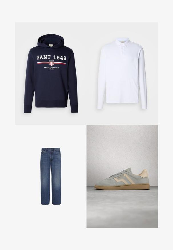 Marineblå hættetrøje med et frontgrafik, der har "GANT 1949" og et skjoldlogo. Den er lavet af blødt materiale, har lange ærmer og en hætte med snore.; Langærmet hvid polo-shirt lavet af blødt stof, med en klassisk krave, tre knaplukninger og et diskret logo på brystet.; Blå jeans med høj talje og lige ben, med frontknap og lynlås, bæltestropper samt for- og baglommer.; Lysegrå ruskindsneaker med beige accenter og gummisål, svævende over poleret betongulv nær væg af glasblokke.