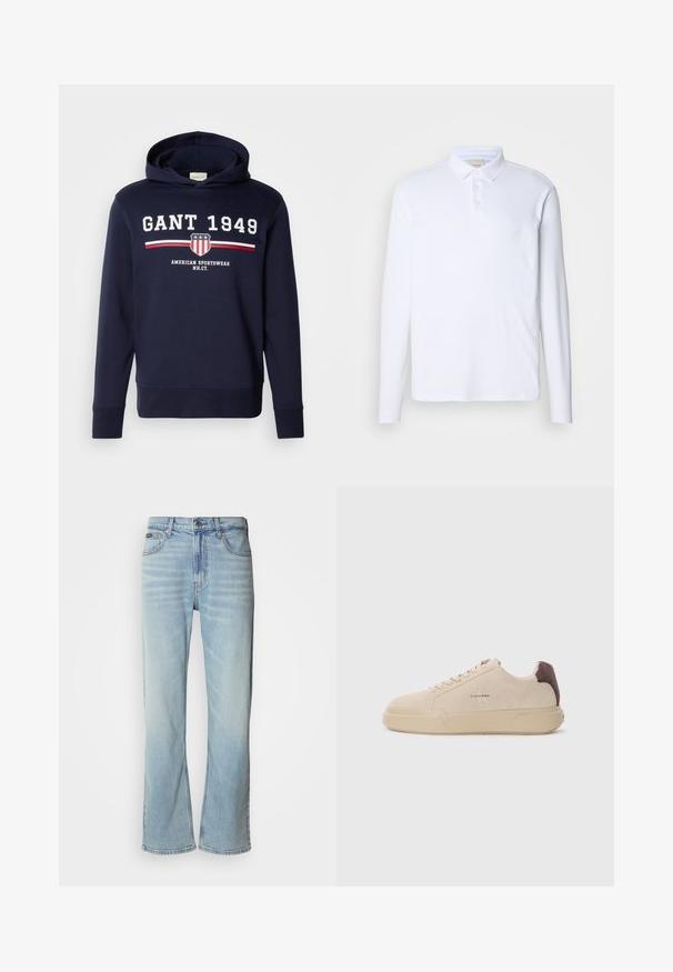 Sudadera azul marino con un gráfico frontal que presenta "GANT 1949" y un logo de escudo. Confeccionada en material suave, tiene mangas largas y capucha ajustable con cordón.; Camisa polo blanca de manga larga hecha de una tela suave, con un cuello clásico, una tapeta de tres botones y un sutil logo en el pecho.; Jeans de mezclilla azul claro con corte recto, que cuentan con cinco bolsillos, un cierre de botón y un ligero desvanecimiento en la tela.; Zapatilla de ante beige con punta redondeada, cordones en la parte frontal y un acento de ante marrón en el talón. Cuenta con una suela de goma texturizada.