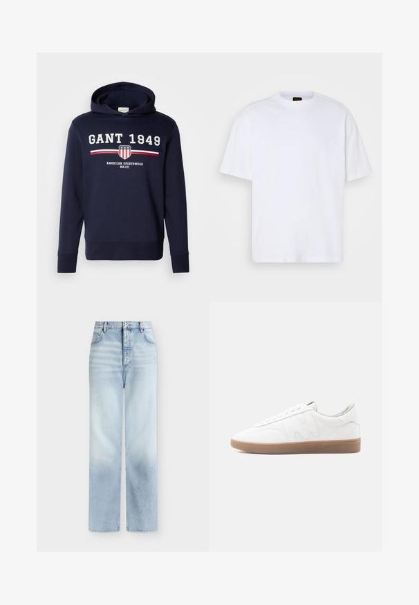 Marineblaue Kapuzenjacke mit einem Frontgrafik, die "GANT 1949" und ein Schild-Logo zeigt. Hergestellt aus weichem Material, hat sie lange Ärmel und eine Kordelzugkapuze.; Weißes Baumwoll-T-Shirt mit Rundhalsausschnitt, kurzen Ärmeln und lässiger Passform. Verfügt über strukturierte Schulternaht für zusätzliche Details.; Hellblaue, hoch taillierte Jeans mit geradem Bein, Fronttaschen, Gürtelschlaufen und einem Knopfverschluss.; Weißer Sneaker in niedriger Ausführung mit Gummisohle, gesteppten Overlays und Schnürverschluss auf neutralem Hintergrund.