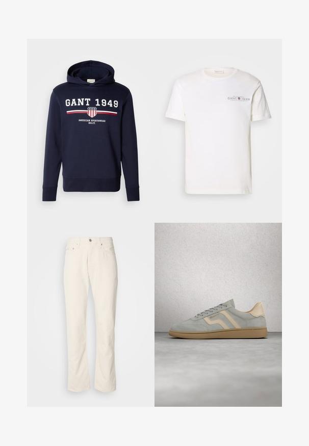 Sudadera azul marino con un gráfico frontal que presenta "GANT 1949" y un logo de escudo. Confeccionada en material suave, tiene mangas largas y capucha ajustable con cordón.; Camiseta de algodón blanca con cuello redondo, mangas cortas y un logo impreso. Presenta un diseño minimalista y un corte relajado.; Jeans de algodón color beige con un diseño clásico de pierna recta, que cuentan con un cierre frontal de botón, cinco bolsillos y detalles de costura sutiles.; Zapatilla de ante gris claro con detalles beige y suela de goma, flotando sobre un suelo de hormigón pulido cerca de una pared de bloques de vidrio.