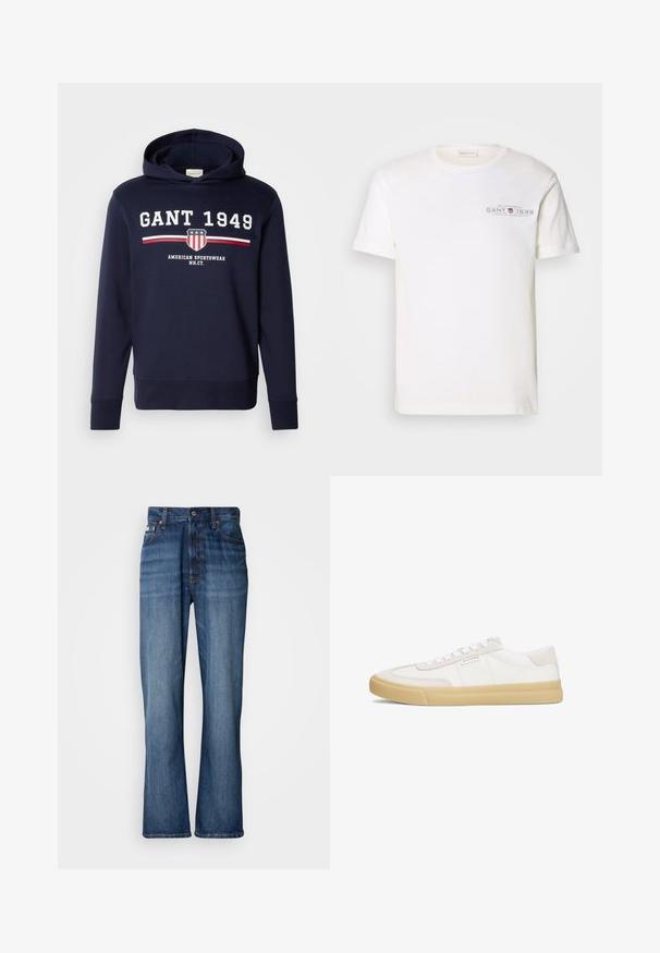 Sudadera azul marino con un gráfico frontal que presenta "GANT 1949" y un logo de escudo. Confeccionada en material suave, tiene mangas largas y capucha ajustable con cordón.; Camiseta de algodón blanca con cuello redondo, mangas cortas y un logo impreso. Presenta un diseño minimalista y un corte relajado.; Jeans de mezclilla azul con cintura alta, piernas acampanadas, diseño de cinco bolsillos y costuras tonales. Cuenta con cierre de botón y bolsillos remachados.; Zapatillas blancas de cuero y ante, con un diseño de cordones, suela de goma en tono marrón y un pequeño logo en el lateral.
