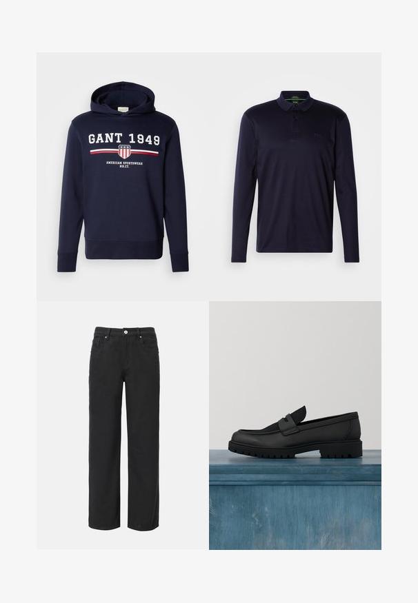 Marineblaue Kapuzenjacke mit einem Frontgrafik, die "GANT 1949" und ein Schild-Logo zeigt. Hergestellt aus weichem Material, hat sie lange Ärmel und eine Kordelzugkapuze.; Marineblaues langärmliges Polohemd aus weicher Baumwolle, mit einer Knopfleiste mit drei Knöpfen und einem bestickten Logo auf der Brust. Glatte Textur.; Schwarze weit geschnittene Baumwollhosen mit vier Taschen, Frontknopfverschluss und klassischem Jeansdesign. Glatte Textur, ohne sichtbare Muster.; Schwarzer Slip-on-Schuh aus Leder mit einem strukturierten Stoffakzent, einer robusten Gummisohle und einer glatten Oberfläche. Verfügt über dezente Nahtdetails.