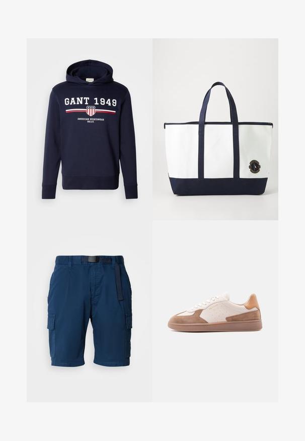 Marineblaue Kapuzenjacke mit einem Frontgrafik, die "GANT 1949" und ein Schild-Logo zeigt. Hergestellt aus weichem Material, hat sie lange Ärmel und eine Kordelzugkapuze.; Marineblaue Cargo-Shorts aus leichtem Material, mit einem Gürtel in der Taille, seitlichen Taschen und einer dezenten Textur.; Weißer und beige farbener Sneaker mit niedrigem Schaft, Wildleder-Akzenten, perforierten Seiten, weißen Schnürsenkeln und einer strukturierten Gummisohle, seitlich auf weißem Hintergrund dargestellt.; Tote-Bag aus weißem Canvas mit marineblauen Akzenten. Verfügt über zwei robuste Griffe und ein Logo-Patch auf der Vorderseite. Rechteckige Form.