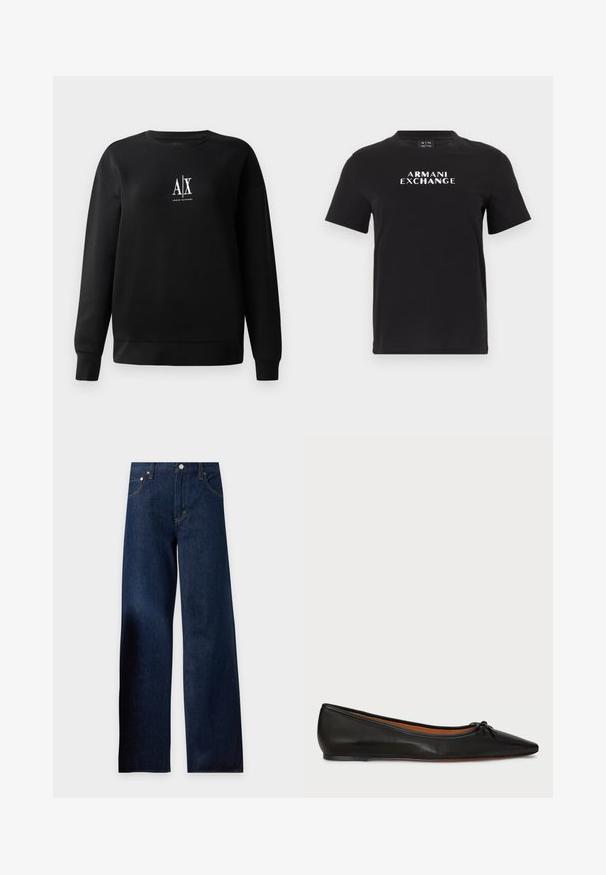 Sort sweatshirt lavet af bomuldsblanding med rund hals og lange ærmer. Center foran har et hvidt "A|X" logo. Glat tekstur.; Sort t-shirt med korte ærmer og "ARMANI EXCHANGE" trykt i hvide store bogstaver centreret på brystet.; Mørkeblå vidde cowboybukser med forlommer, bæltestropper og knaplukning i taljen, vist på en lys baggrund.; Sorte læderballetflade med spids tå, slank silhuet og en lille sløjfedetalje på forsiden. Glat tekstur og minimalistisk design.