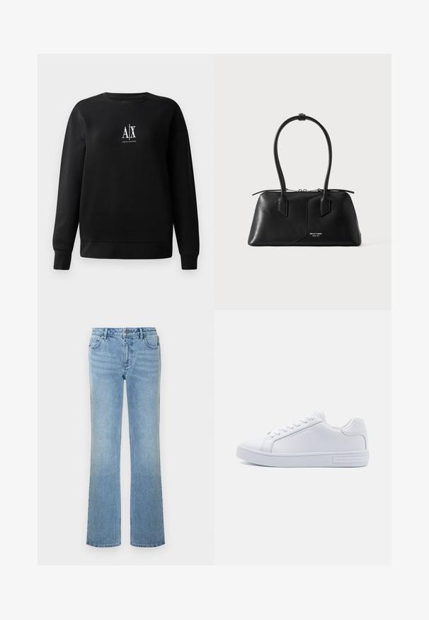 Schwarzer Sweatshirt aus Baumwollmischung mit Rundhalsausschnitt und langen Ärmeln. In der Mitte des Vorderteils befindet sich ein weißes "A|X"-Logo. Glatte Textur.; Hellblaue Jeans mit geradem Bein aus Denim. Verfügt über fünf Taschen, einen Knopfverschluss und dezentes Ausbleichen für einen getragenen Look.; Weiße Leder Sneaker in niedrigem Schnitt mit runder Zehenpartie, flacher Gummisohle und Logodetail an der Seite. Verfügt über sechs Paar Ösen und strukturierte Akzente.; Schwarze Lederhandtasche mit zwei langen, abgerundeten Griffen, Reißverschluss und kleinem weißen Logotext vorne in der Mitte.