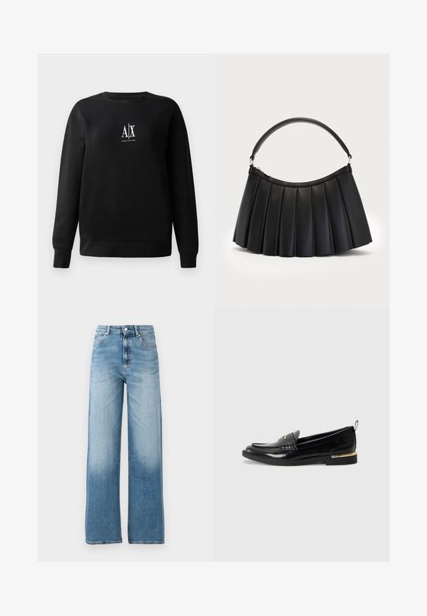 Schwarzer Sweatshirt aus Baumwollmischung mit Rundhalsausschnitt und langen Ärmeln. In der Mitte des Vorderteils befindet sich ein weißes "A|X"-Logo. Glatte Textur.; Helles Blau, weit geschnittene Jeans mit hoher Taille. Aus Denim gefertigt, mit Knopfverschluss und fünf Taschen. Hellt sich zum unteren Teil hin auf.; Schwarze Lacklederloafers mit abgerundetem Zehenbereich, einem dekorativen Riemen und einem goldenen Akzent an der Ferse. Glatte Textur mit genähten Details.; Schwarze plissierte Handtasche aus synthetischem Leder, mit einem gebogenen Griff und einem Reißverschlussverschluss oben. Glatte Textur mit strukturiertem Design.