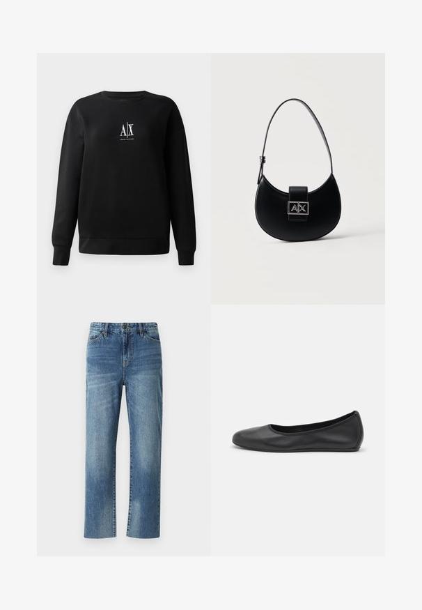 Schwarzer Sweatshirt aus Baumwollmischung mit Rundhalsausschnitt und langen Ärmeln. In der Mitte des Vorderteils befindet sich ein weißes "A|X"-Logo. Glatte Textur.; Blaue Denim-Jeans mit geradem Schnitt, versehen mit einem Knopfverschluss, Fronttaschen und einer durchgängigen verwaschenen Optik.; Schwarze Leder-Ballettschuhe mit abgerundeter Spitze, glatter Textur, minimalen Nähdetails und einem flexiblen Sohlen-Design.; Schwarze, halbmondförmige Handtasche mit einem verstellbaren Trageriemen und einem silbernen A|X-Logoschloss auf der Vorderklappe.