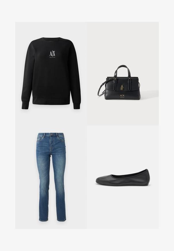 Zwart sweatshirt gemaakt van een katoenmix, met een ronde hals en lange mouwen. Op de middenvoor staat een witte "A|X" logo. Gladde textuur.; Mid-rise blauwe denim spijkerbroek met een rechte pijp, voorzien van een zachte textuur, subtiele vervaging en een klassieke vijf-pocketontwerp met knoopsluiting.; Zwarte leren ballerina met een ronde neus, gladde textuur, minimale stikdetails en een flexibele zoolontwerp.; Zwarte leren Armani Exchange handtas met dubbele handvatten, een schouderriem en goudkleurige sluitings- en logodetails op een effen achtergrond.
