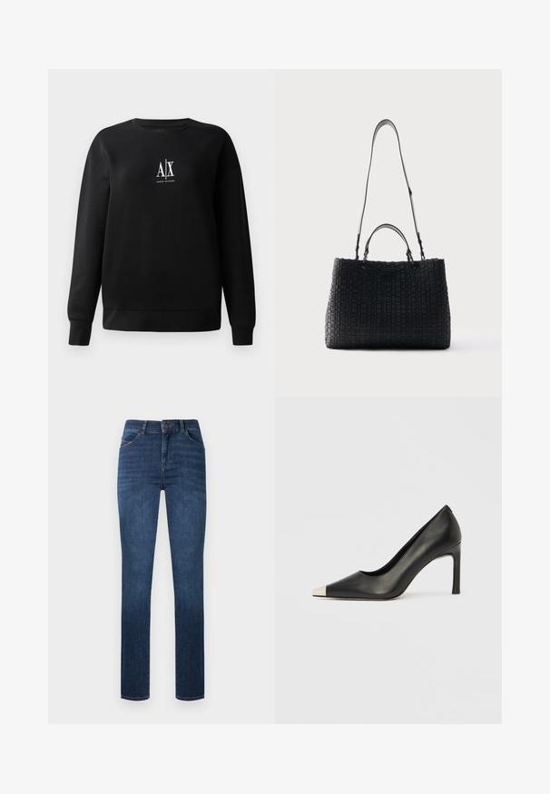 Schwarzer Sweatshirt aus Baumwollmischung mit Rundhalsausschnitt und langen Ärmeln. In der Mitte des Vorderteils befindet sich ein weißes "A|X"-Logo. Glatte Textur.; Dunkelblaue Skinny-Jeans mit hoher Taille, vorderer Knopf- und Reißverschlussschließe, vorderen Taschen und dezenten Used-Effekten.; Schwarzer Lederschuh mit hohem Absatz, spitz zulaufender Zehenpartie und metallischer silberner Spitze. Verfügt über eine glatte Oberfläche und einen schlanken 10 cm hohen Absatz.; Schwarze, gewebte Lederhandtasche mit zwei kurzen Griffen und einem langen, verstellbaren Schultergurt, vor einem schlichten hellen Hintergrund präsentiert.