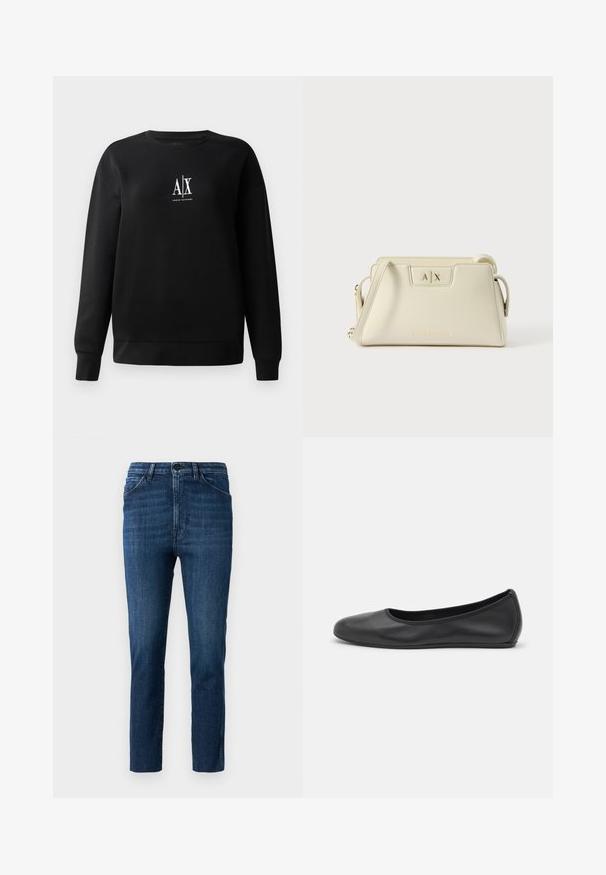 Schwarzer Sweatshirt aus Baumwollmischung mit Rundhalsausschnitt und langen Ärmeln. In der Mitte des Vorderteils befindet sich ein weißes "A|X"-Logo. Glatte Textur.; Blaue, slim-fit Jeans mit klassischem Fünf-Taschen-Design und Knopfverschluss, mit zartem Verblassen und geradem Schnitt.; Schwarze Leder-Ballettschuhe mit abgerundeter Spitze, glatter Textur, minimalen Nähdetails und einem flexiblen Sohlen-Design.; Cremefarbene Lederhandtasche mit strukturiertem Design, A|X-Logo auf der Vorderseite und einem Schultergurt für vielseitige Tragemöglichkeiten.