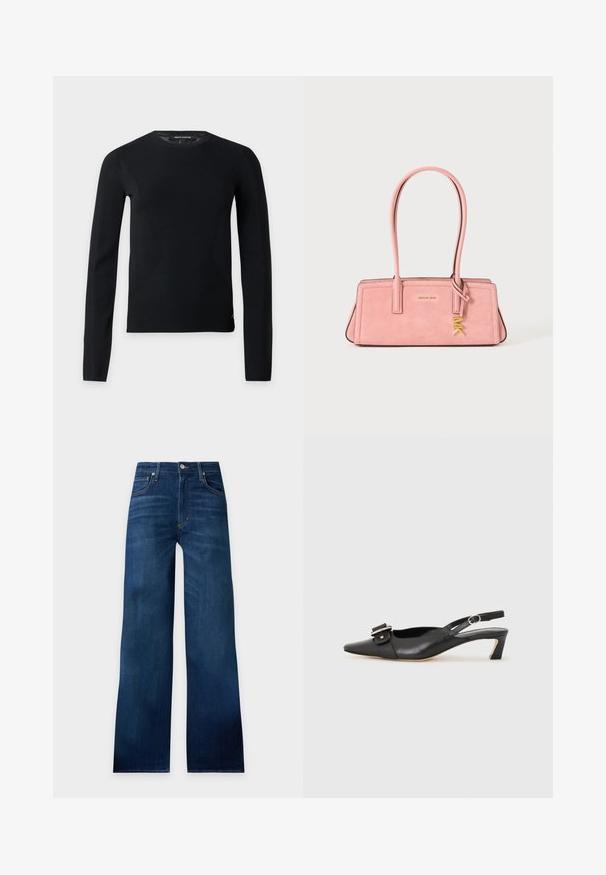Pull noir à manches longues avec col rond, coupe slim et détails subtils de couture, présenté sur un fond clair uni.; Jean large bleu foncé avec bouton à l'avant, fermeture éclair, passants de ceinture et design cinq poches sur un fond clair uni.; Chaussure slingback en cuir noir avec un bout pointu, un petit talon et un détail de boucle décoratif sur le dessus. Texture lisse, design minimaliste.; Sac à main en daim rose avec longues anses et breloque dorée "MK", forme rectangulaire, marque Michael Kors au centre devant.