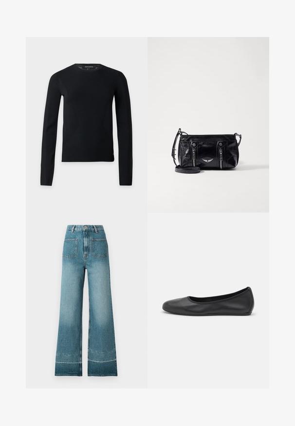 Pull noir à manches longues avec col rond, coupe slim et détails subtils de couture, présenté sur un fond clair uni.; Jean en denim bleu taille haute avec jambes larges et poches plaquées devant, présentant des zones délavées et une fermeture à bouton et zip.; Ballerines en cuir noir avec un bout rond, texture lisse, détails de couture minimalistes et design de semelle flexible.; Sac à bandoulière en simili cuir noir avec poches zippées, un emblème décoratif en argent et une sangle réglable. Texture brillante et forme compacte.