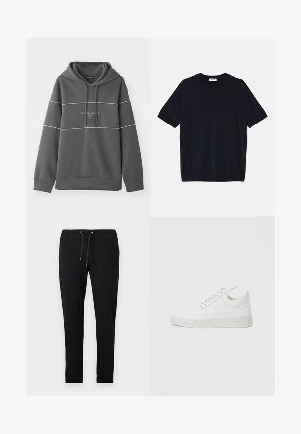 Grauer Kapuzenpullover mit weißen Streifenakzenten, mit einem gestickten Logo auf der Brust. Hergestellt aus weichem, strukturiertem Stoff.; sandro PABLO TEE - T-Shirt basic - noir; Schwarze Slim-Fit-Sweatpants mit elastischem Bund und schwarzem Kordelzug, mit Bündchen an den Knöcheln, vor einem einfarbigen hellen Hintergrund gezeigt.; Weißer Ledersneaker mit abgerundetem Zehenbereich, flacher Sohle und Schnürverschluss. Verfügt über Nahtdetails und einen gepolsterten Kragen für zusätzlichen Komfort.