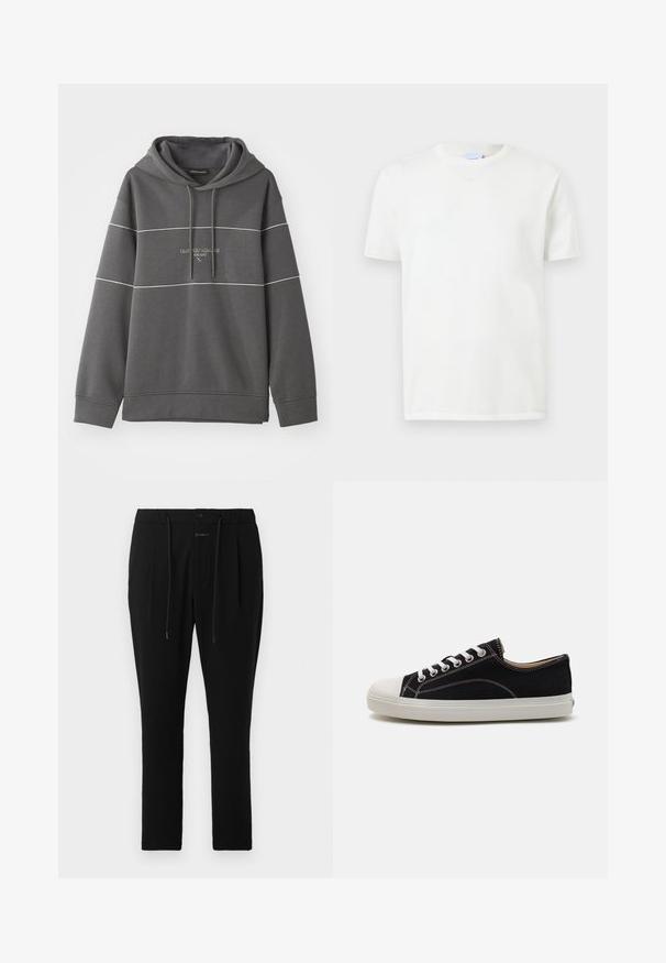 Sudadera con capucha gris con acentos de rayas blancas, presenta un logo bordado en el pecho. Fabricada con un tejido suave y texturizado.; Camiseta blanca lisa de manga corta y cuello redondo, exhibida sobre un fondo gris claro.; CLOSED VIGO TAPERED - Pantalones chinos - dark night; Zapatillas de lona negras con puntera y suela de goma blanca, que presentan cordones blancos y costuras en contraste. Diseño de perfil bajo.