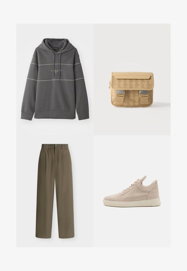 Sudadera con capucha gris con acentos de rayas blancas, presenta un logo bordado en el pecho. Fabricada con un tejido suave y texturizado.; Pantalones de pierna ancha en verde oliva con cintura elástica, cierre de botón y tejido liso y ligero.; Zapatillas de ante beige con punta redonda, suela blanca y cordones planos. Presentan una lengüeta en el talón y paneles laterales texturizados.; Pequeño bolso bandolera beige de Lacoste con patrón geométrico, solapa frontal, hebillas metálicas y logotipo de cocodrilo en relieve.