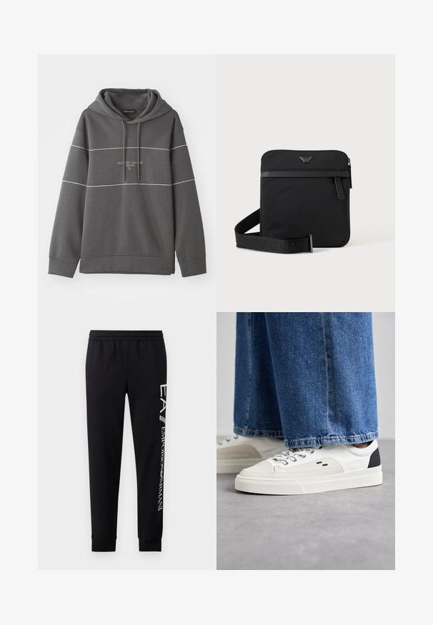 Grauer Kapuzenpullover mit weißen Streifenakzenten, mit einem gestickten Logo auf der Brust. Hergestellt aus weichem, strukturiertem Stoff.; Schwarze Sweatpants aus Baumwollmischung mit elastischem Taillenbund, schmal zulaufenden Beinen, gerippten Bündchen und weißem Logo-Druck entlang der Seite.; Weiße und schwarze Sneaker mit einem Obermaterial aus glattem Leder, strukturierten Akzenten und einer massiven weißen Sohle. Verfügt über ein klassisches Schnürdesign.; Schwarze quadratische Schultertasche mit Reißverschluss, Vordertasche und verstellbarem Riemen mit eingeprägtem Markennamen.