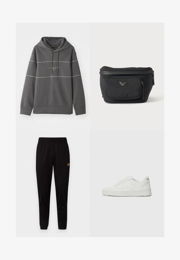 Grauer Kapuzenpullover mit weißen Streifenakzenten, mit einem gestickten Logo auf der Brust. Hergestellt aus weichem, strukturiertem Stoff.; Schwarze Jogginghose mit einem elastischen Bund, taillierten Bündchen und einem kleinen gelben Logo am oberen linken Bein. Weicher, glatter Stoff.; Weiße Ledersneaker mit glatter Oberfläche, runder Zehenpartie, flachen Schnürsenkeln und strukturiertem Sohlenprofil. Mit einem dezenten Logo an der Ferse.; Schwarze Bauchtasche mit Frontreißverschlusstasche und silbernem Adlerlogo, glattes Gewebe mit strukturiertem Besatz und Reißverschlussanhängern.