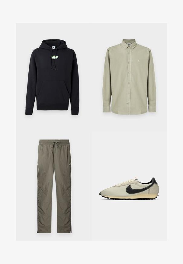 Čierna mikina Nike s predným klokaním vreckom, kapucňou so šnúrkou a malým svetlozeleným oválnym logom umiestneným na hrudi.; Svetlozelená košeľa s dlhým rukávom a zapínaním na gombíky, so štandardným golierom, s logom na hrudi, zapínaním na gombíky na manžetách a hladkým bavlneným materiálom.; Ľahké teplákové nohavice olivovo zelenej farby s elastickým pásom, sťahovacou šnúrkou, bielymi bočnými pruhmi a malým logom motýľa na pravom stehne.; Beige plátené tenisky s čiernymi koženými akcentmi, zaoblenou špičkou, plochou čiernou podrážkou a bielymi šnúrkami. Obsahujú výrazné čierne logo.