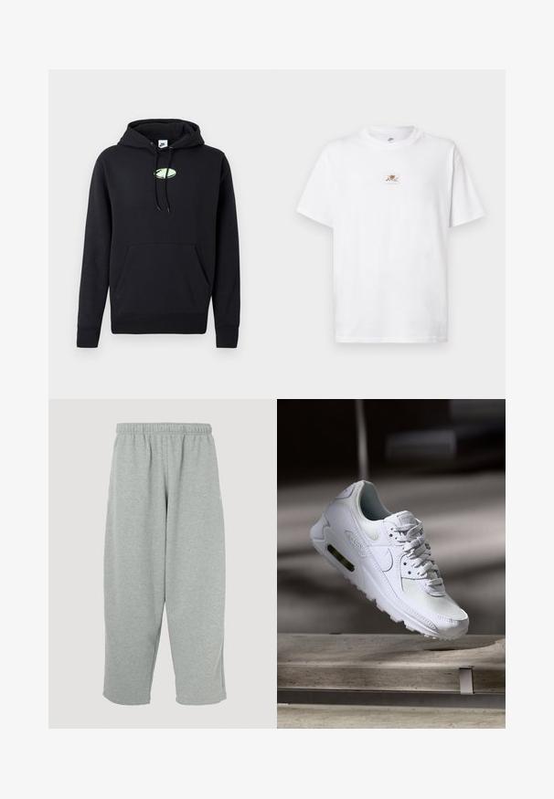 Schwarzer Nike-Hoodie mit vorderer Kängurutasche, verstellbarem Kapuzenzug und kleinem hellgrünen ovalen Logo in der Mitte der Brust.; Weißes Baumwoll-T-Shirt mit rundem Ausschnitt und kurzen Ärmeln. Verfügt über ein kleines braunes und weißes Logo-Patch auf der Brust.; Hellgraue Jogginghose mit elastischem Bund, schmal zulaufendem Bein und weicher Textur. Keine sichtbaren Markenlogos oder Muster.; Weiße Nike Air Max 90 Sneaker mit einem Obermaterial aus Mesh und Leder, durchlässigem Zehenbereich und einer sichtbaren Air-Einheit in der Ferse.