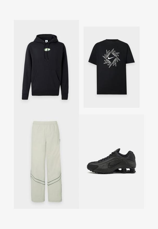 Must musta Nike kapuutsiga, ees kangaroo tasku, reguleeritava nööriga kapuuts ja väike helesinine ovaalne logo, mis on tsentraalselt rinnal.; Must lühikeste varrukatega T-särk, mille keskel on valge Nike kõverjoon, ümbritsetud dünaamilise tippudega ringikujulise disainiga.; Heleduse rohevärvi lahtised püksid, millel on elastne vöökoht, tumerohelised diagonaaljooned ja lihtne disain. Sile, kerge kangas.; Mustad mustat jooksujalad, millel on sile sünteetiline ülemus, perforatsioonid, tekstureeritud külgpaneelid ja eristuv elastne tall.