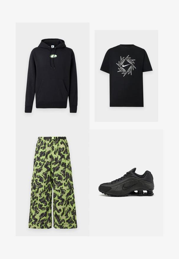 Zwarte Nike hoodie met een zijzak aan de voorkant, een trekkoord in de capuchon en een klein lichtgroen ovaal logo in het midden van de borst.; Zwart T-shirt met korte mouwen met een witte Nike-swoosh in het midden, omgeven door een dynamisch stekelig cirkelontwerp.; Wijdvallende cargobroek in neon groen en zwart abstract camouflagemotief met meerdere zakken en een zwarte verstelbare riem.; Zwarte hardloopschoenen met een glad bovenwerk van synthetisch materiaal, geperforeerde accenten, gestructureerde zijpanelen en een opvallende veerkrachtige zool.
