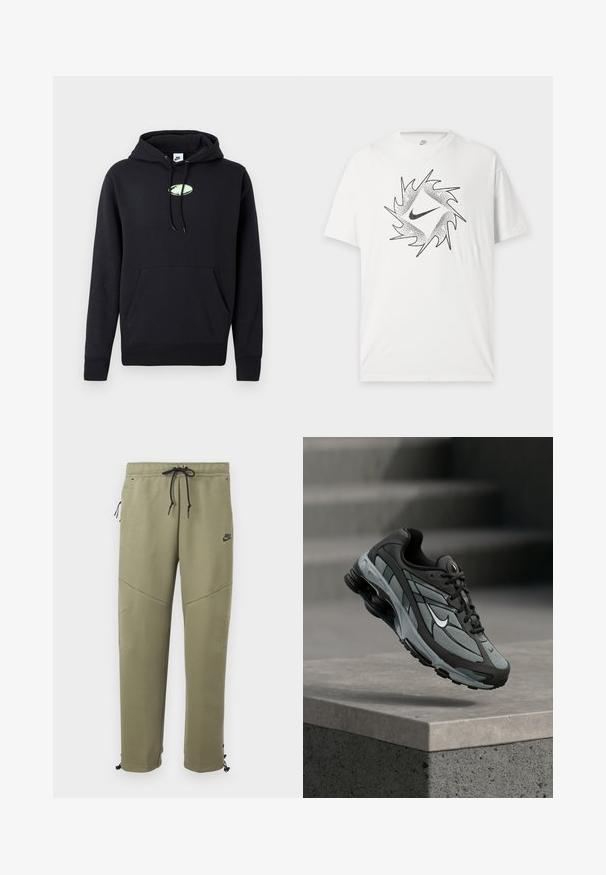 Musta Nike huppari, jossa on etupuolen kenguru-tasku, kiristettävä huppu ja pieni vaaleanvihreä soikea logo keskitettynä rinnassa.; Valkoinen lyhythihainen Nike T-paita mustalla abstraktilla pyöreällä kuviolla ja keskellä edessä oleva Nike swoosh -logo.; Oliivinvihreät Nike-housut mustilla kiristysnauhoilla, vetoketjullisella sivutaskulla, polvileikkauksilla ja säädettävillä nilkkasirroilla.; Harmaa ja musta urheilukenkä, jossa on verkkopaneelit ja paksu pohja, ilmassa betonisen reunuksen ja portaitten yläpuolella taustalla.