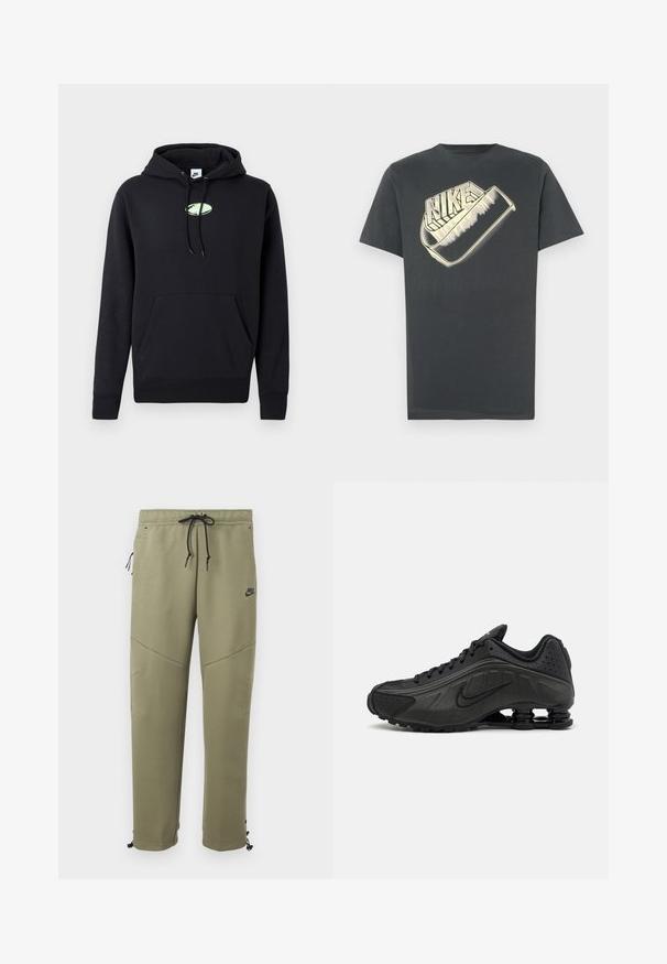 Zwarte Nike hoodie met een zijzak aan de voorkant, een trekkoord in de capuchon en een klein lichtgroen ovaal logo in het midden van de borst.; Donkergrijs katoenen T-shirt met een ronde halslijn. Voorzijde heeft een groot, gestileerd "Nike"-logo in een lichtere kleur.; Olijfgroene Nike trainingsbroek met zwarte trekkoorden, een zijzak met rits, kniepad en verstelbare enkellinten.; Zwarte hardloopschoenen met een glad bovenwerk van synthetisch materiaal, geperforeerde accenten, gestructureerde zijpanelen en een opvallende veerkrachtige zool.