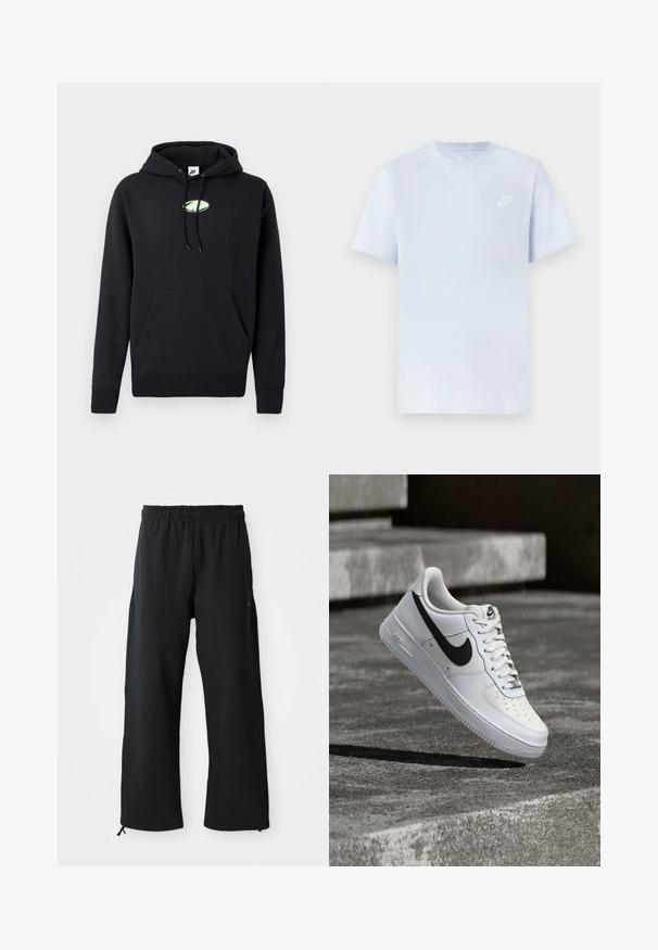Čierna mikina Nike s predným klokaním vreckom, kapucňou so šnúrkou a malým svetlozeleným oválnym logom umiestneným na hrudi.; Svetlomodré bavlnené tričko s krátkymi rukávmi, okrúhlym výstrihom a bielym logom Nike potlačeným na ľavej hrudi. Hladká textúra, jednoduchý dizajn.; Čierne voľné nohavice vyrobené z jemnej látky, s elastickým pásom a šnúrkou, so bočnými vreckami a hladkou textúrou.; Biela teniska Nike Air Force 1 s čiernym logom swoosh, zaviazanými šnúrkami, umiestnená vo vzduchu nad textúrovaným betónovým povrchom vonku.