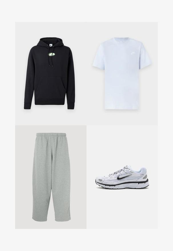 Sudadera negra de Nike con bolsillo canguro en la parte frontal, capucha ajustable con cordón y pequeño logo ovalado verde claro centrado en el pecho.; Camiseta de algodón de color azul claro con mangas cortas, cuello redondo y un logo blanco de Nike impreso en el pecho izquierdo. Textura suave, diseño sencillo.; Pantalones deportivos gris claro con cintura elástica, diseño de pernera ajustada y textura suave. Sin marcas visibles ni patrones.; Zapatilla de running blanca con parte superior de malla, punta redondeada, acentos negros y una suela con patrón. Presenta cordones y una marca en el lateral.
