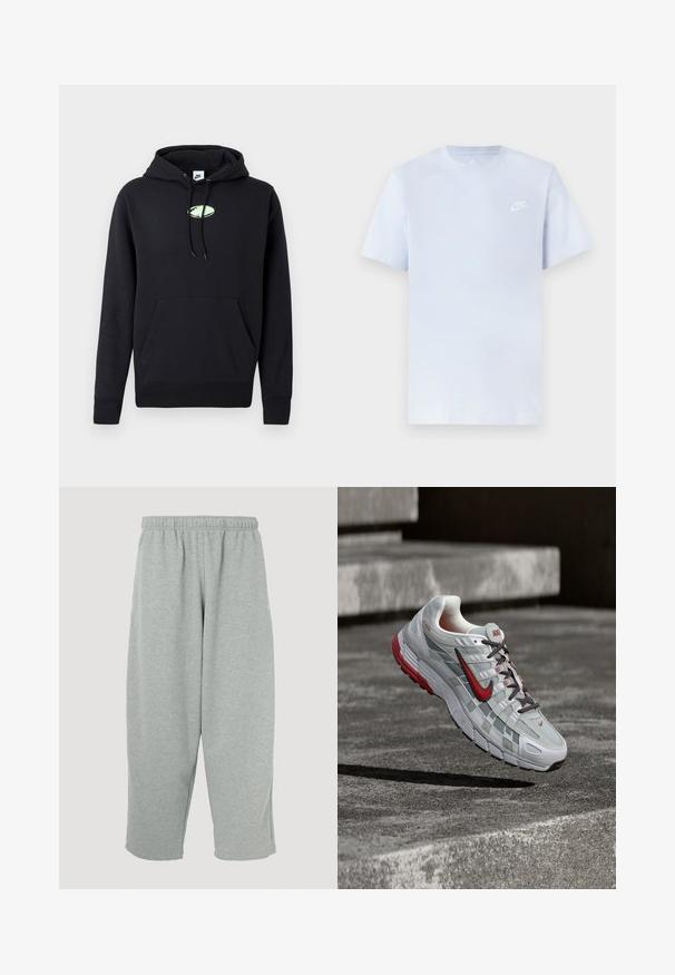 Zwarte Nike hoodie met een zijzak aan de voorkant, een trekkoord in de capuchon en een klein lichtgroen ovaal logo in het midden van de borst.; Lichtblauwe katoenen t-shirt met korte mouwen, ronde hals en een wit Nike-logo gedrukt op de linkerborst. Glad textuur, eenvoudig ontwerp.; Lichtgrijze joggingbroek met een elastische tailleband, taps toelopend ontwerp en zachte textuur. Geen zichtbare merklogo's of patronen.; Witte en grijze Nike hardloopschoen met rode accenten en zwarte veters, hangend boven grijze betonnen treden.