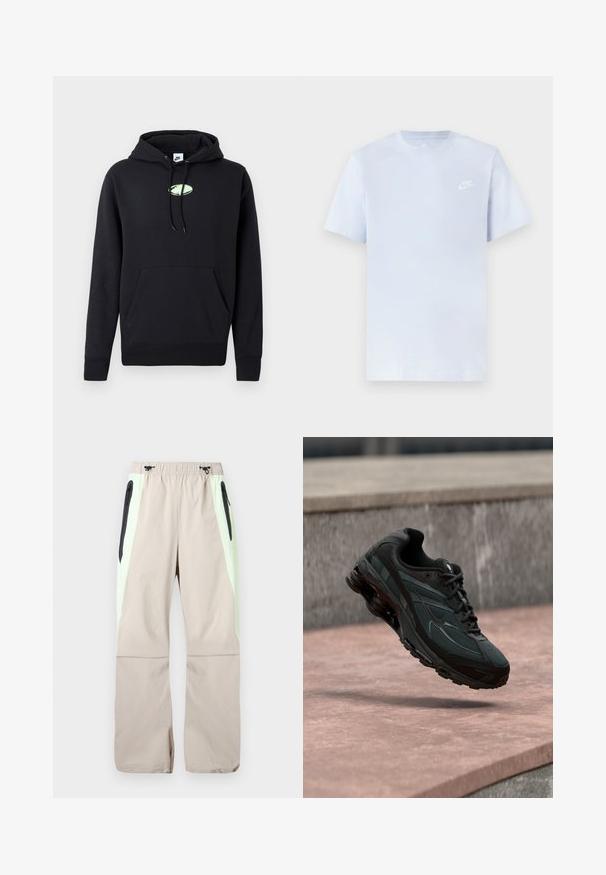 Zwarte Nike hoodie met een zijzak aan de voorkant, een trekkoord in de capuchon en een klein lichtgroen ovaal logo in het midden van de borst.; Lichtblauwe katoenen t-shirt met korte mouwen, ronde hals en een wit Nike-logo gedrukt op de linkerborst. Glad textuur, eenvoudig ontwerp.; Beige broek met lichtgroene zijpanelen, zwarte dijzakken met rits en elastische tailleband met zwarte trekkoorden.; Zwarte atletische sneaker met zichtbare luchtgeveerde tussenzool die boven een roze stenen oppervlak zweeft met een grijze stenen muur op de achtergrond.