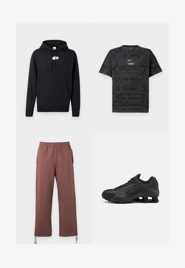 Sudadera negra de Nike con bolsillo canguro en la parte frontal, capucha ajustable con cordón y pequeño logo ovalado verde claro centrado en el pecho.; Camiseta negra con un patrón texturizado, que presenta un pequeño logotipo de Nike en azul claro y un parche rectangular con el logotipo en colores contrastantes.; Pantalones marrones con cintura elástica, fabricados con tela suave, que cuentan con bolsillos laterales y cordones ajustables en los puños para un ajuste personalizado.; Zapatillas de running negras con un upper sintético liso, detalles perforados, paneles laterales texturizados y una suela distintiva y elástica.