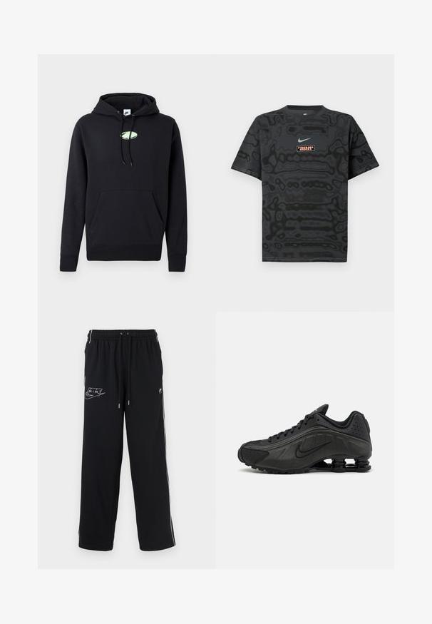 Schwarzer Nike-Hoodie mit vorderer Kängurutasche, verstellbarem Kapuzenzug und kleinem hellgrünen ovalen Logo in der Mitte der Brust.; Schwarzes T-Shirt mit einem strukturierten Muster, versehen mit einem kleinen Nike-Logo in Hellblau und einem rechteckigen Logopatch in kontrastierenden Farben.; Schwarze Jogginghose mit elastischem Bund, zwei Seitenstreifen und weißem Grafiklogo. Hergestellt aus strukturiertem Stoff, mit Belüftungsöffnungen an den Knöcheln.; Schwarze Laufschuhe mit einem glatten synthetischen Obermaterial, durchbrochenen Akzenten, strukturierten Seitenpaneelen und einer ausgeprägten federnden Sohle.