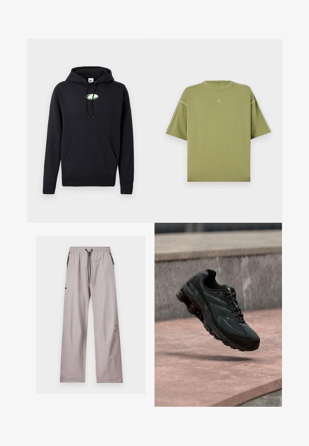 Zwarte Nike hoodie met een zijzak aan de voorkant, een trekkoord in de capuchon en een klein lichtgroen ovaal logo in het midden van de borst.; Olijfgroene oversized T-shirt met korte mouwen, ronde hals en klein gestikt logo in het midden van de borst.; Lichtgrijze losse broek met elastische tailleband, zwarte verstelbare trekkoord en zijzakken met zwarte ritsdetails.; Zwarte atletische sneaker met zichtbare luchtgeveerde tussenzool die boven een roze stenen oppervlak zweeft met een grijze stenen muur op de achtergrond.
