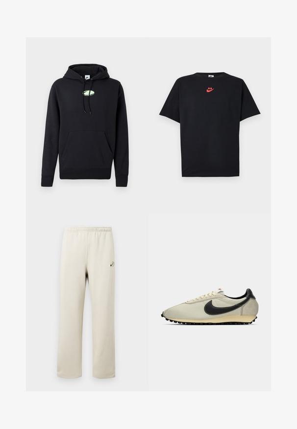 Zwarte Nike hoodie met een zijzak aan de voorkant, een trekkoord in de capuchon en een klein lichtgroen ovaal logo in het midden van de borst.; Zwart Nike T-shirt met korte mouwen en een klein rood glimlachend Swoosh-logo in het midden op de bovenborst tegen een effen witte achtergrond.; Beige sweatpants met een elastische taille, rechte pijpen en een klein groen-zwart Nike-logo op de bovenkant van de linker dij.; Beige canvas sneaker met zwarte leren accenten, ronde teen, platte zwarte buitenzool en witte veters. Beschikt over een opvallend zwart logo.