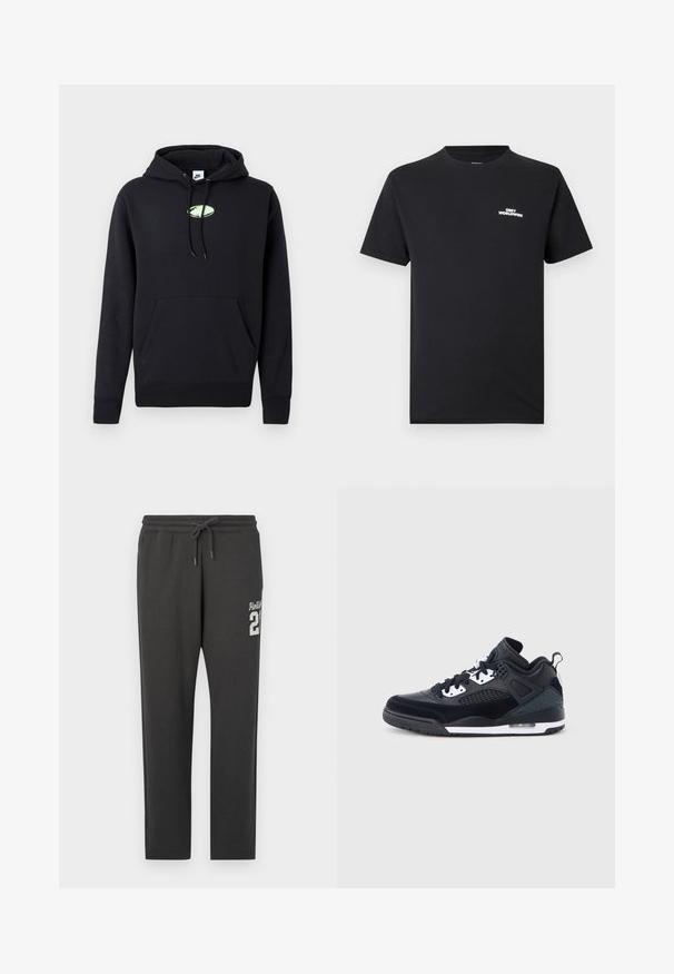 Čierna mikina Nike s predným klokaním vreckom, kapucňou so šnúrkou a malým svetlozeleným oválnym logom umiestneným na hrudi.; Čierne bavlnené tričko s okrúhlym výstrihom, krátkymi rukávmi a bielym logom „OBEY WORLDWIDE“ potlačeným na hrudi.; Tmavohnedé tepláky so elastickým pásom a šnúrkou, s bielym textom "Hollister 21" na hornej ľavej stehne.; Čierno-biela atletická teniska s kombináciou kožených a sieťovinových materiálov, vystlaným límčekom, perforovanými bočnými panelmi a viditeľnou vzduchovou jednotkou.