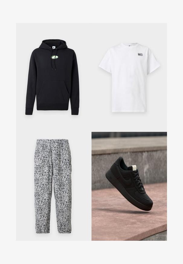 Zwarte Nike hoodie met een zijzak aan de voorkant, een trekkoord in de capuchon en een klein lichtgroen ovaal logo in het midden van de borst.; Wit T-shirt met korte mouwen en ronde hals, met een klein zwart Nike swoosh-logo in een rechthoek op de linkerborst.; Witte elastische taillebroek met zwart onregelmatig vlekkenpatroon en elastische pijpen, hangend tegen een effen achtergrond.; Zwarte Nike Air Force 1 sneaker die boven een roze betonnen richel zweeft met een grijze stenen achtergrond, met zij- en bovenzijde details.