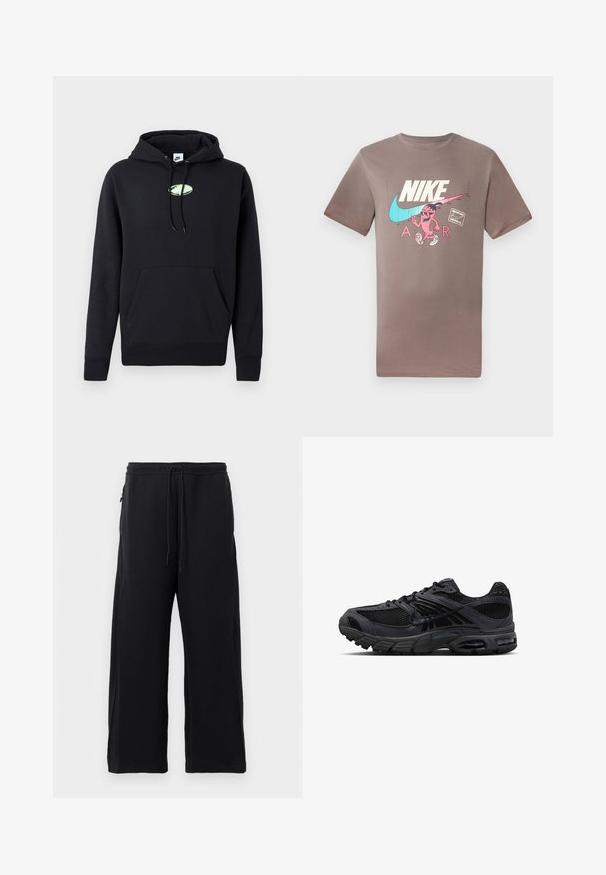 Sudadera negra de Nike con bolsillo canguro en la parte frontal, capucha ajustable con cordón y pequeño logo ovalado verde claro centrado en el pecho.; Camiseta de algodón marrón con un gráfico colorido de un personaje con gafas de sol, junto a los logos de Nike y Air en colores contrastantes.; Pantalones de chándal negros hechos de una tela suave, con cintura elástica ajustable, diseño de pierna ancha y bolsillos laterales con una textura lisa.; Zapatilla de correr Nike en negro y gris oscuro con tejido de malla, superposiciones de ante, suela acolchada y unidades de aire visibles en el talón y la parte delantera del pie.