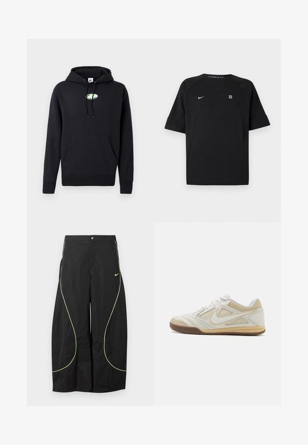 Zwarte Nike hoodie met een zijzak aan de voorkant, een trekkoord in de capuchon en een klein lichtgroen ovaal logo in het midden van de borst.; Zwart Nike sportshirt met korte mouwen met wit swoosh-logo op de linkerborst en klein vierkant embleem op de rechterborst, effen achtergrond.; Zwarte wijde Nike-broek met neon groene gebogen biezen en klein Nike-swoosh-logo op de rechterdij, knoop- en ritssluiting in de taille.; Witte sportieve schoen met een textuur bovenwerk, grijze accenten, vetersluiting en een tan rubberen zool. Heeft een onderscheidend logo aan de zijkant.