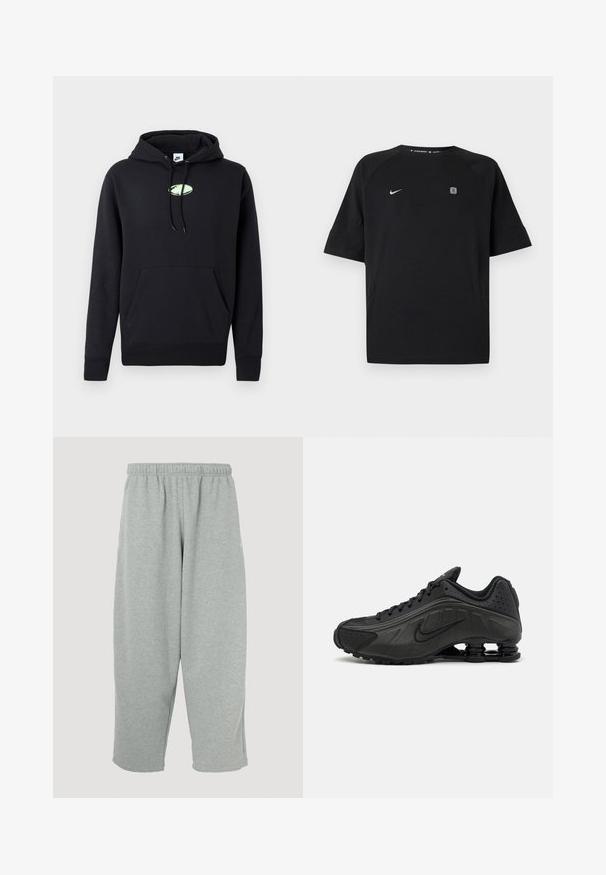 Schwarzer Nike-Hoodie mit vorderer Kängurutasche, verstellbarem Kapuzenzug und kleinem hellgrünen ovalen Logo in der Mitte der Brust.; Schwarzes Nike-Sportshirt mit kurzen Ärmeln, weißem Swoosh-Logo auf der linken Brust und kleinem quadratischem Emblem auf der rechten Brust, einfarbiger Hintergrund.; Hellgraue Jogginghose mit elastischem Bund, schmal zulaufendem Bein und weicher Textur. Keine sichtbaren Markenlogos oder Muster.; Schwarze Laufschuhe mit einem glatten synthetischen Obermaterial, durchbrochenen Akzenten, strukturierten Seitenpaneelen und einer ausgeprägten federnden Sohle.