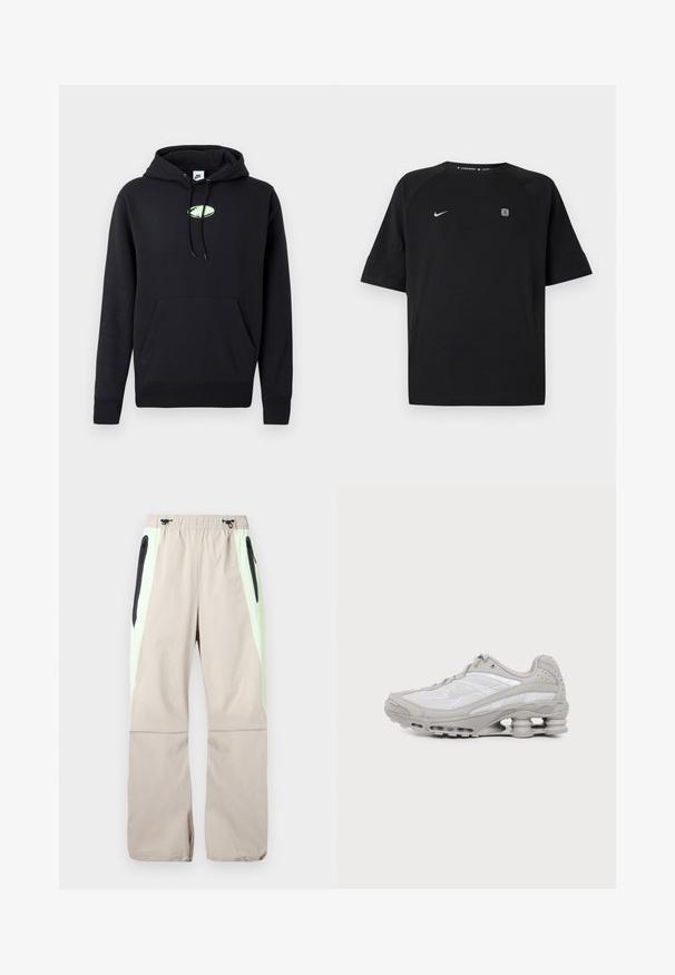 Sudadera negra de Nike con bolsillo canguro en la parte frontal, capucha ajustable con cordón y pequeño logo ovalado verde claro centrado en el pecho.; Camiseta deportiva negra de manga corta Nike con logo swoosh blanco en el pecho izquierdo y pequeño emblema cuadrado en el pecho derecho, fondo liso.; Pantalones beige con paneles laterales verde claro, bolsillos en el muslo con cremallera negra y cintura elástica con cordones negros.; Zapatilla deportiva gris y blanca con suela visible de amortiguación de aire y paneles de malla, mostrada de perfil sobre un fondo claro y sencillo.