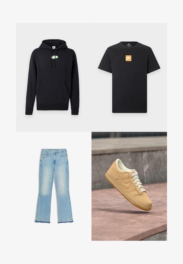 Sort Nike hættetrøje med frontlomme, snoretræk i hætten og lille lysegrøn oval logo centreret på brystet.; Sort kortærmet Nike T-shirt med en lille orange firkantet logo og hvid Nike-swoosh placeret centralt på brystet.; Lyseblå denimjeans med høj talje, to forlommer og let udvidede ben, lagt fladt ud på en hvid baggrund.; Tan Nike lavtop-sneaker med hvide snørebånd og gummisål, der svæver over en stens overflade og en betonbaggrund.