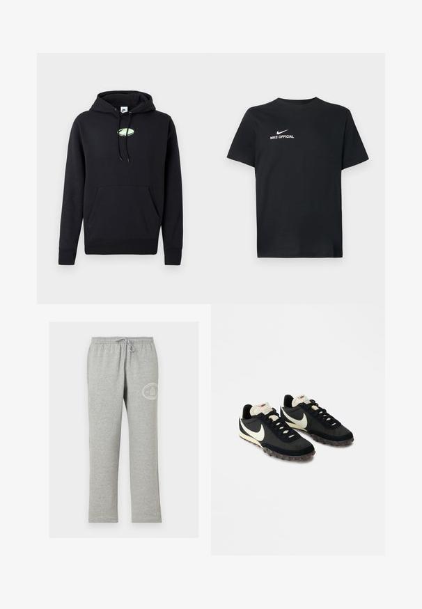 Sudadera negra de Nike con bolsillo canguro en la parte frontal, capucha ajustable con cordón y pequeño logo ovalado verde claro centrado en el pecho.; Camiseta de algodón negra con escote redondo. Presenta un logo blanco de Nike y el texto "NIKE OFFICIAL" en el frente. Mangas cortas.; Pantalones deportivos grises con cintura elástica y cordón, con pequeño logo circular blanco en la parte superior del muslo izquierdo.; Zapatillas deportivas negras con una parte superior texturizada, logo de swoosh blanco y suela de goma con pequeñas puas para tracción. Cuello en color crema.