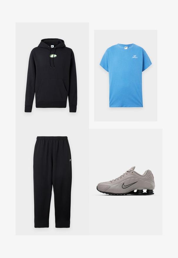 Zwarte Nike hoodie met een zijzak aan de voorkant, een trekkoord in de capuchon en een klein lichtgroen ovaal logo in het midden van de borst.; Blauwe katoenen t-shirt met korte mouwen, ronde halslijn en witte "Just Do It" logo op de borst. Glad materiaal, ontspannen pasvorm, casual ontwerp.; Zwarte sweatpants met een elastische tailleband, voorzien van een klein wit logo aan de linkerkant. Gemaakt van een zachte, lichtgewicht stof. Recht pijp model.; Lichtgrijze sport schoen met een gevormde bovenkant, textuurelementen, zwarte zool en een opvallende Nike swoosh in donkergrijs. Beschikt over perforaties.